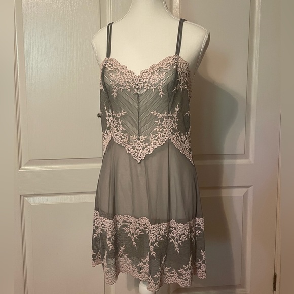 Wacoal Other - NWOT Wacoal Grey Soft Pink Lace Sheer Slip Embrace Lingerie Nightgown Medium